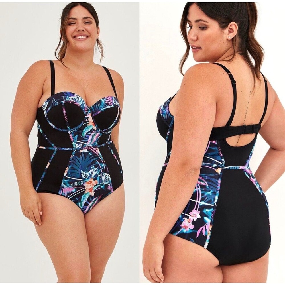 Torrid Slim Fix Underwire Piping One-Piece Tropical Floral Swimsuit 2 DD/F Black